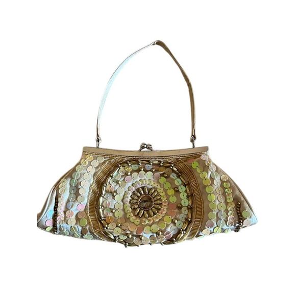 Bijoux Terner Beaded Sequin Evening Bag Champagne Gold Satin Purse Y2K - Picture 2 of 6